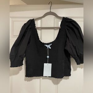 Hill House Black Puff Sleeve Smocked Aiko Crop Blouse